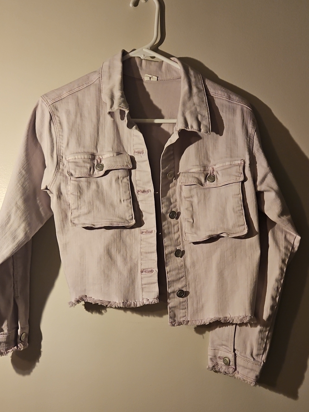 Maurices Pale Lavender Cropped Denim Jacket with Front Flap Pockets